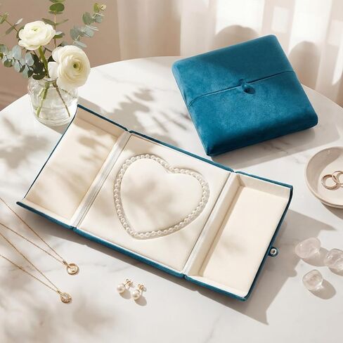 Nosiny 4 Pcs 7 x 7 x 1.6 Inches Valentine‘S Velvet Blue Heart-shaped Jewelry Box Set Foldable Storage Case for Pearl Necklace, Display and Organizer in Saudi Arabia
