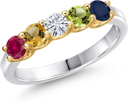 Gem Stone King 5-Stone Personalized and Customized Ring For Women | 925 Silver and 10K Yellow Gold | Round 3.5MM Gemstone Birthstones | 1.13 Cttw in Saudi Arabia