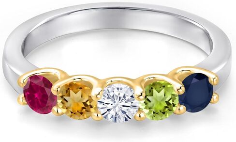 Gem Stone King 5-Stone Personalized and Customized Ring For Women | 925 Silver and 10K Yellow Gold | Round 3.5MM Gemstone Birthstones | 1.13 Cttw in Saudi Arabia