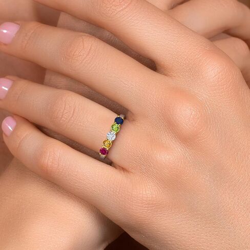 Gem Stone King 5-Stone Personalized and Customized Ring For Women | 925 Silver and 10K Yellow Gold | Round 3.5MM Gemstone Birthstones | 1.13 Cttw in Saudi Arabia
