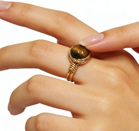 Evil Eye Ring, Oval Natural Stone Protect Gold plated Irregular Steel Retro Open Band for Women Wedding Engagement Jewelry in Saudi Arabia