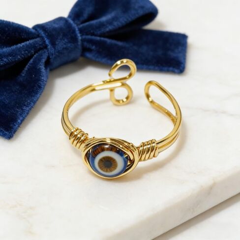 Evil Eye Ring, Oval Natural Stone Protect Gold plated Irregular Steel Retro Open Band for Women Wedding Engagement Jewelry in Saudi Arabia