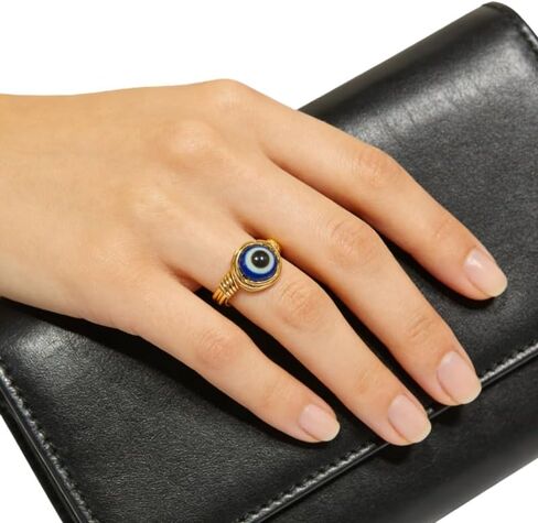 Evil Eye Ring, Oval Natural Stone Protect Gold plated Irregular Steel Retro Open Band for Women Wedding Engagement Jewelry in Saudi Arabia