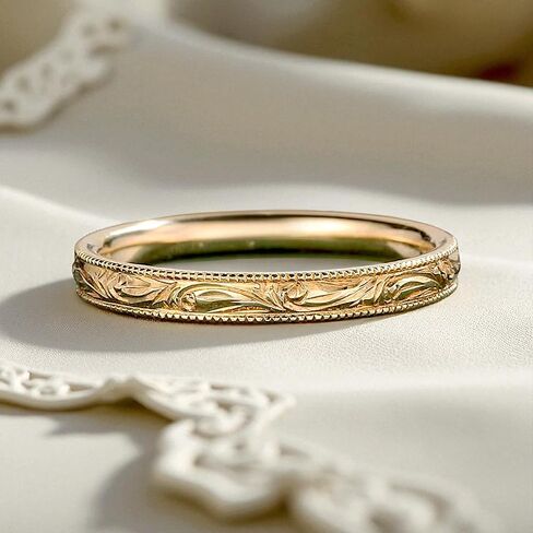 Vintage yellow gold engraved band wedding band Unique plain Ring Milgrain Carved ring Full eternity band Filigree Stacking ring Promise Birthdya gift in Saudi Arabia