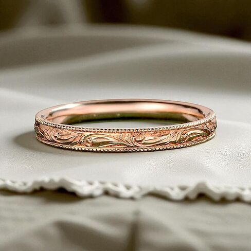 Vintage yellow gold engraved band wedding band Unique plain Ring Milgrain Carved ring Full eternity band Filigree Stacking ring Promise Birthdya gift in Saudi Arabia