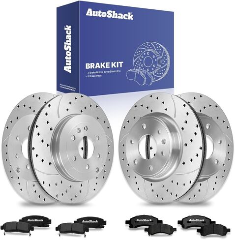 دوارات الفرامل ذات فتحات تهوية أمامية وخلفية ذات فتحات تهوية محفورة ومغطاة بطبقة نهائية سوداء غير لامعة + وسادات سيراميك ممتازة طقم فرامل 12 قطعة بديلة لـ 2007-2016 GMC Acadia BlackShield in Kuwait