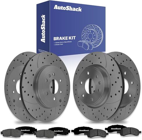 AutoShack Front Vented & Rear Vented Drilled & Slotted Coated Brake Rotors Black Matte Finish + Premium Ceramic Pads 12-PC Brake Kit Replacement for 2007-2016 GMC Acadia BlackShield in Saudi Arabia