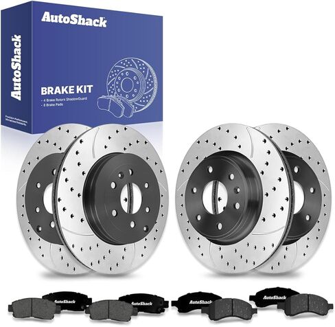 AutoShack Front Vented & Rear Vented Drilled & Slotted Coated Brake Rotors Black Matte Finish + Premium Ceramic Pads 12-PC Brake Kit Replacement for 2007-2016 GMC Acadia BlackShield in Saudi Arabia