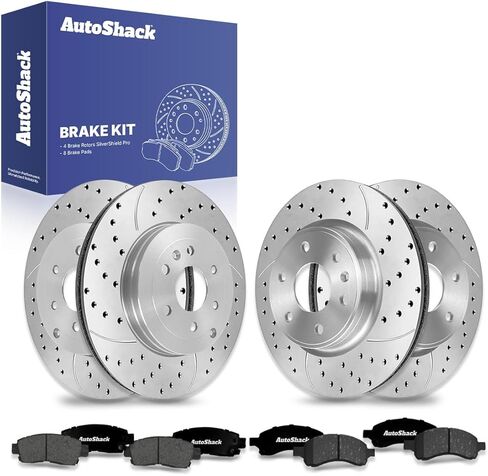 AutoShack Front Vented & Rear Vented Drilled & Slotted Coated Brake Rotors Black Matte Finish + Premium Ceramic Pads 12-PC Brake Kit Replacement for 2007-2016 GMC Acadia BlackShield in Saudi Arabia