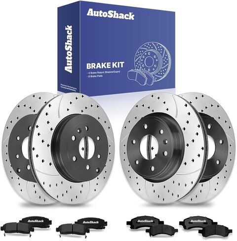 AutoShack Front Vented & Rear Vented Drilled & Slotted Coated Brake Rotors Black Matte Finish + Premium Ceramic Pads 12-PC Brake Kit Replacement for 2007-2016 GMC Acadia BlackShield in Saudi Arabia