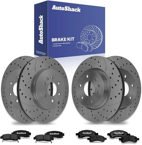 AutoShack Front Vented & Rear Vented Drilled & Slotted Coated Brake Rotors Black Matte Finish + Premium Ceramic Pads 12-PC Brake Kit Replacement for 2007-2016 GMC Acadia BlackShield in Saudi Arabia
