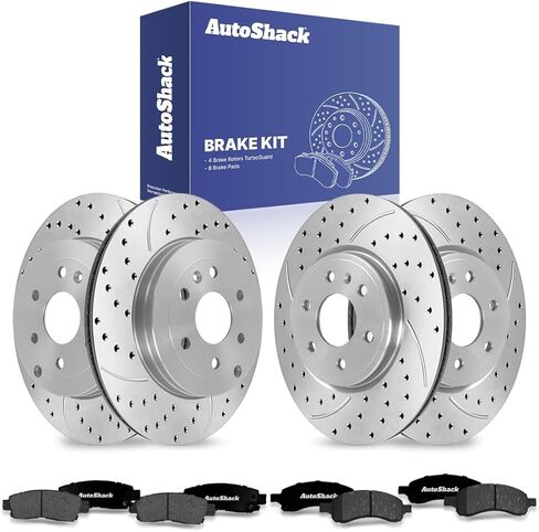 AutoShack Front Vented & Rear Vented Drilled & Slotted Coated Brake Rotors Black Matte Finish + Premium Ceramic Pads 12-PC Brake Kit Replacement for 2007-2016 GMC Acadia BlackShield in Saudi Arabia