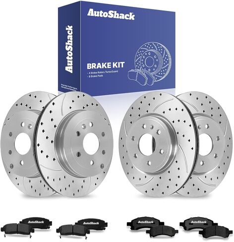 AutoShack Front Vented & Rear Vented Drilled & Slotted Coated Brake Rotors Black Matte Finish + Premium Ceramic Pads 12-PC Brake Kit Replacement for 2007-2016 GMC Acadia BlackShield in Saudi Arabia
