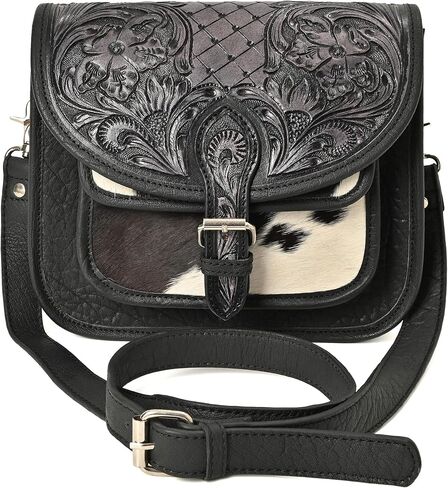 Merbaa Leather Crossbody Bag Hand-Tooled Cowhide Hair-On Western Crossbody Bag for Women – Floral Leather Cowgirl Purse in Saudi Arabia