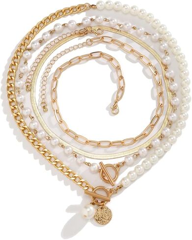 4 PCS Layered Gold Necklace for Women Chunky Gold Necklace Stack Paperclip Chain Pearl Necklace Herringbone Choker Necklace Fashion Jewelry Gifts in Kuwait