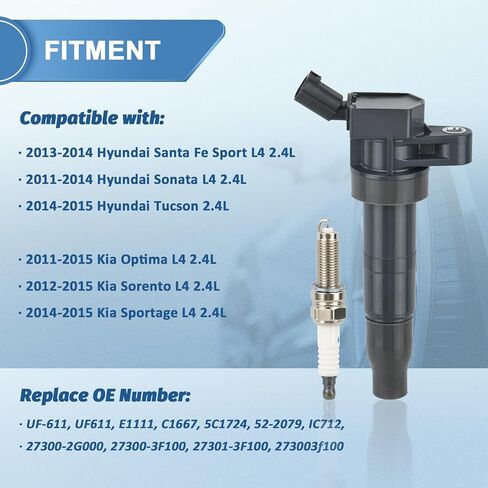 Set of 4 UF611 Ignition Coil Packs and Iridium Spark Plugs Compatible with Hyundai Sonata Equus Genesis Tucson Santa Fe Sport, Kia Borrego K900 Optima Sorento 2.4L 4.6L L4, Replaces C1667 E1111 in Saudi Arabia