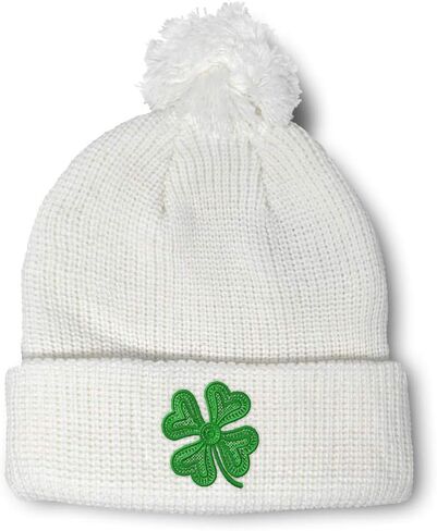 Custom Pom Pom Beanies for Women 4 Leaf Clover Irish Ireland St Patrick's Skull Cap Acrylic 1 Size in Saudi Arabia