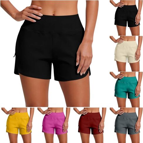 Swim Shorts Women High Waisted Boardshorts with Zipper Pockets Summer Fashion Athletic Wear Lady Workout Gym Clothes in Kuwait