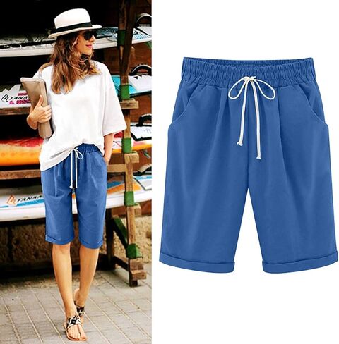 Linen Pants for Short Women Elastic Waist Loose Fit Knee Length Summer Casual Beach Pants with Pocket 2026 in Saudi Arabia