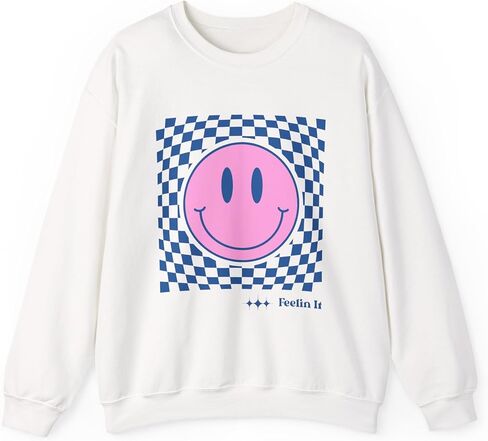 Pink Smiley Face Checkerboard Crewneck Sweatshirt | Feelin It in Saudi Arabia