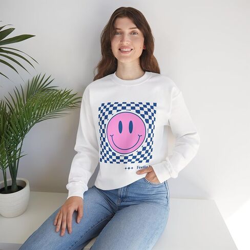 Pink Smiley Face Checkerboard Crewneck Sweatshirt | Feelin It in Saudi Arabia