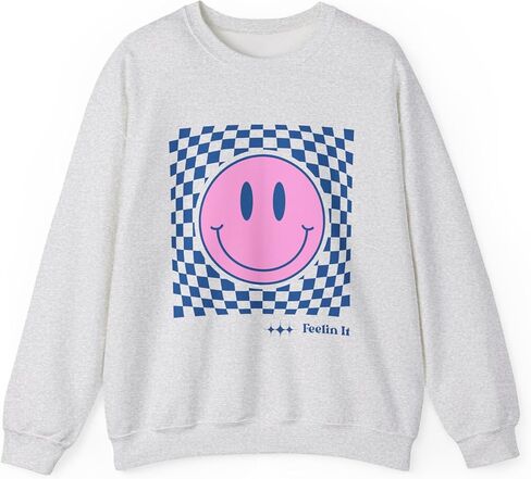 Pink Smiley Face Checkerboard Crewneck Sweatshirt | Feelin It in Saudi Arabia
