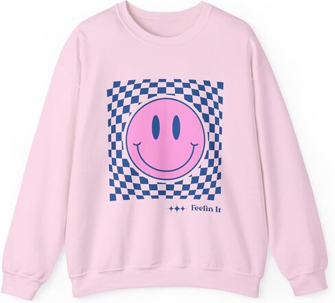 Pink Smiley Face Checkerboard Crewneck Sweatshirt | Feelin It in Saudi Arabia