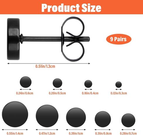 9 Pairs Black Stud Earrings Set, Stainless Steel Studs Earring for Women Men, 3mm-17mm Black Circle Earrings in Saudi Arabia