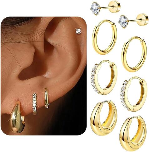 4 Pairs Gold Earrings for Women Men, Stud and Hoop Earring Set for Multiple Piercing, Stainless Steel Flat Back Cartilage Earring, Trendy Jewelry Gift in Saudi Arabia