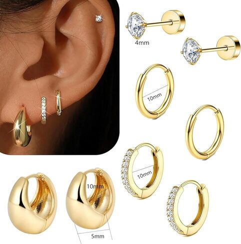 4 Pairs Gold Earrings for Women Men, Stud and Hoop Earring Set for Multiple Piercing, Stainless Steel Flat Back Cartilage Earring, Trendy Jewelry Gift in Saudi Arabia