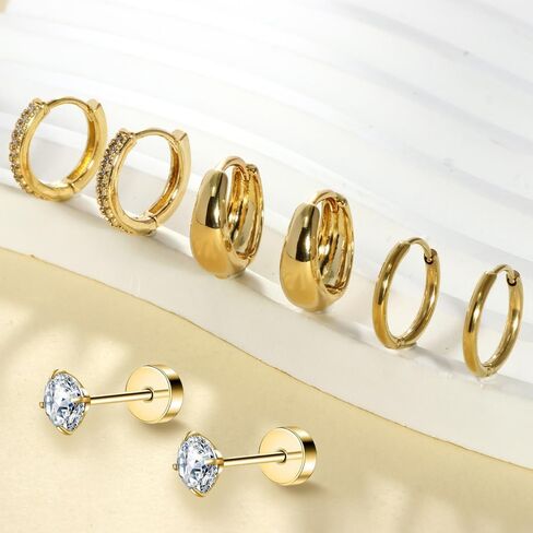 4 Pairs Gold Earrings for Women Men, Stud and Hoop Earring Set for Multiple Piercing, Stainless Steel Flat Back Cartilage Earring, Trendy Jewelry Gift in Saudi Arabia