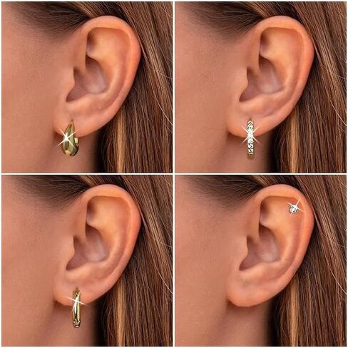 4 Pairs Gold Earrings for Women Men, Stud and Hoop Earring Set for Multiple Piercing, Stainless Steel Flat Back Cartilage Earring, Trendy Jewelry Gift in Saudi Arabia