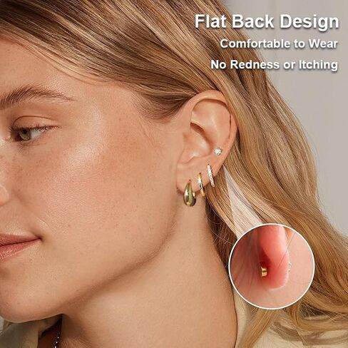 4 Pairs Gold Earrings for Women Men, Stud and Hoop Earring Set for Multiple Piercing, Stainless Steel Flat Back Cartilage Earring, Trendy Jewelry Gift in Saudi Arabia