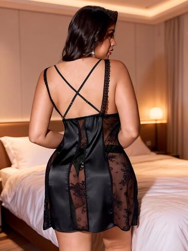Women Plus Size Satin Chemise Nightgown, V Neck Lace Trim Slip Dress, Spaghetti Straps, Criss Cross Backless Sleepwear in Saudi Arabia