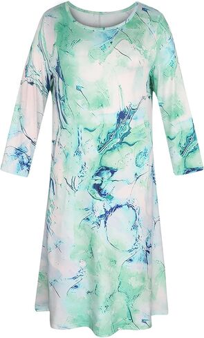 Plus Size Women's Long-Sleeved Nightgown: Blue-Green Marble Print, Round Neck, Soft Fabric, Loungewear in Saudi Arabia