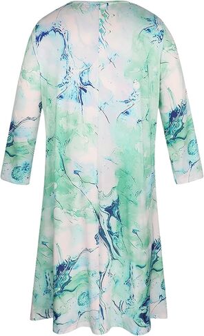 Plus Size Women's Long-Sleeved Nightgown: Blue-Green Marble Print, Round Neck, Soft Fabric, Loungewear in Saudi Arabia