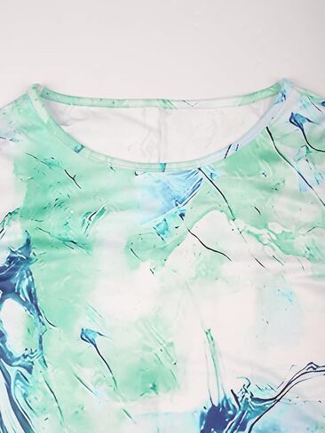Plus Size Women's Long-Sleeved Nightgown: Blue-Green Marble Print, Round Neck, Soft Fabric, Loungewear in Saudi Arabia