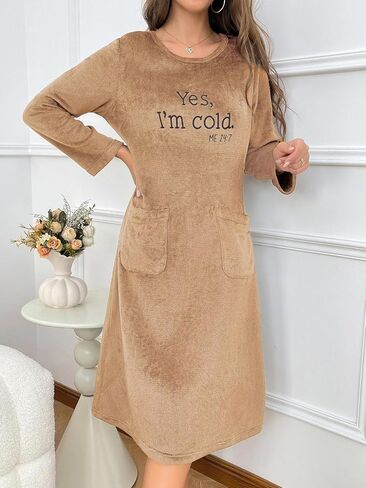 Women Thickened Nightdress, Long Sleeve Fleece Style Pullover Crewneck Winter Loose Fit Home Sleepdress Warm Pajama Dress in Saudi Arabia