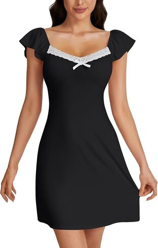 Umenlele Women's Lace Trim Ruffle Short Sleeve Sweetheart Neck A Line Cute Mini Nightdress in Saudi Arabia