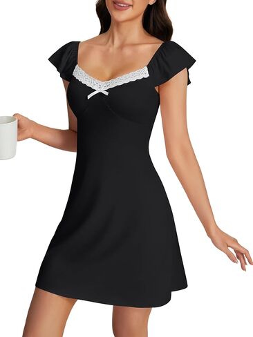 Umenlele Women's Lace Trim Ruffle Short Sleeve Sweetheart Neck A Line Cute Mini Nightdress in Saudi Arabia