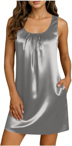 Night Gown For Women Comfy Sleeveless Silk Sleep Shirts Pleated Sleepwear Nightgowns With Pockets Crewneck Tank Dress in Saudi Arabia