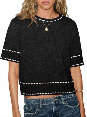 Saodimallsu Womens Crew Neck Sweaters Short Sleeve Cropped Sweater Loose Knit Trendy Pullover Tops in Saudi Arabia