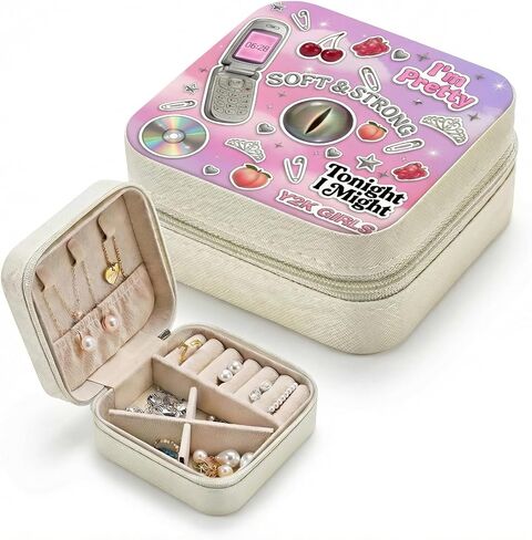 صندوق مجوهرات Y2K، منظم مجوهرات للسفر برسومات البوب ​​مستوحى من Y2K، حقيبة مجوهرات صغيرة بسحاب للأقراط والحلقات والإكسسوارات in Kuwait