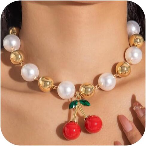 Exquisite Gold Beads Pearl Choker Necklaces for Women Trendy, Cute Beaded Pearls Red Cherry Leaf Pendant Necklace Simple Charming Party Jewelry Gifts in Saudi Arabia