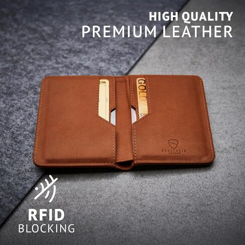 محفظة جلد Vaultskin CITY رفيعة RFID ثنائية الطي للرجال - حجم ورق اليورو/الجنيه الاسترليني، لا تناسب فواتير الدولار الأمريكي، حامل بطاقات جيب أمامي بسيط، يحمل 9 بطاقات ونقود (كونياك) in Kuwait