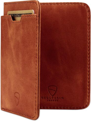 محفظة جلد Vaultskin CITY رفيعة RFID ثنائية الطي للرجال - حجم ورق اليورو/الجنيه الاسترليني، لا تناسب فواتير الدولار الأمريكي، حامل بطاقات جيب أمامي بسيط، يحمل 9 بطاقات ونقود (كونياك) in Kuwait