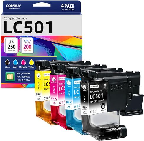 خراطيش حبر COMBUY LC501 4 عبوات متوافقة مع خراطيش حبر Brother LC501 LC 501 LC501XL LC501BK LC501C LC501M LC501Y تستخدم مع طابعات Brother MFCJ1360dw MFC-J1360DW MFC-J1260DW MFC-J1410DW in Kuwait
