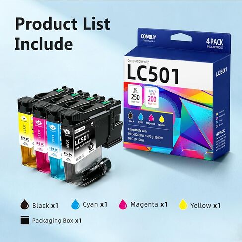 خراطيش حبر COMBUY LC501 4 عبوات متوافقة مع خراطيش حبر Brother LC501 LC 501 LC501XL LC501BK LC501C LC501M LC501Y تستخدم مع طابعات Brother MFCJ1360dw MFC-J1360DW MFC-J1260DW MFC-J1410DW in Kuwait
