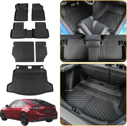 سجادات أرضية متوافقة مع 2022-2025 2026 Honda Civic Sedan (ليس لهاتشباك) سجادة صندوق السيارة وبطانة البضائع وبطانة البضائع لجميع الأحوال الجوية وبطانة صندوق السيارة وملحقات سيفيك (حصيرة صندوق السيارة الخلفي + سجادات الأرضية) in Kuwait