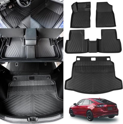 سجادات أرضية متوافقة مع 2022-2025 2026 Honda Civic Sedan (ليس لهاتشباك) سجادة صندوق السيارة وبطانة البضائع وبطانة البضائع لجميع الأحوال الجوية وبطانة صندوق السيارة وملحقات سيفيك (حصيرة صندوق السيارة الخلفي + سجادات الأرضية) in Kuwait